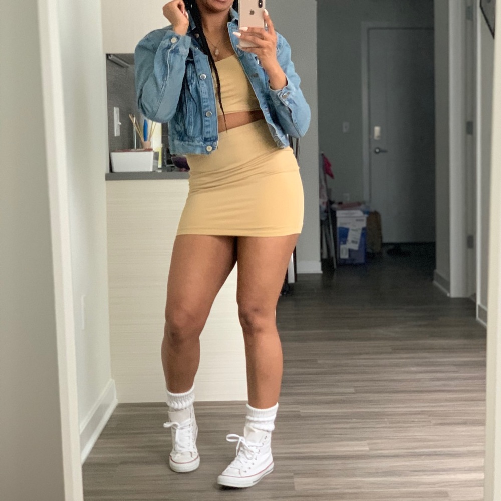 Two piece tan mini skirt set